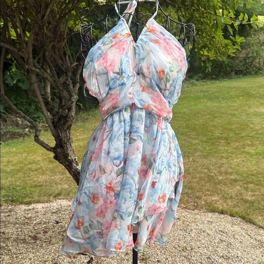 Lulu’s BUY IT NOW PRICE Beautiful Presence Light Blue Floral Chiffon DRESS - Picture 2 of 7